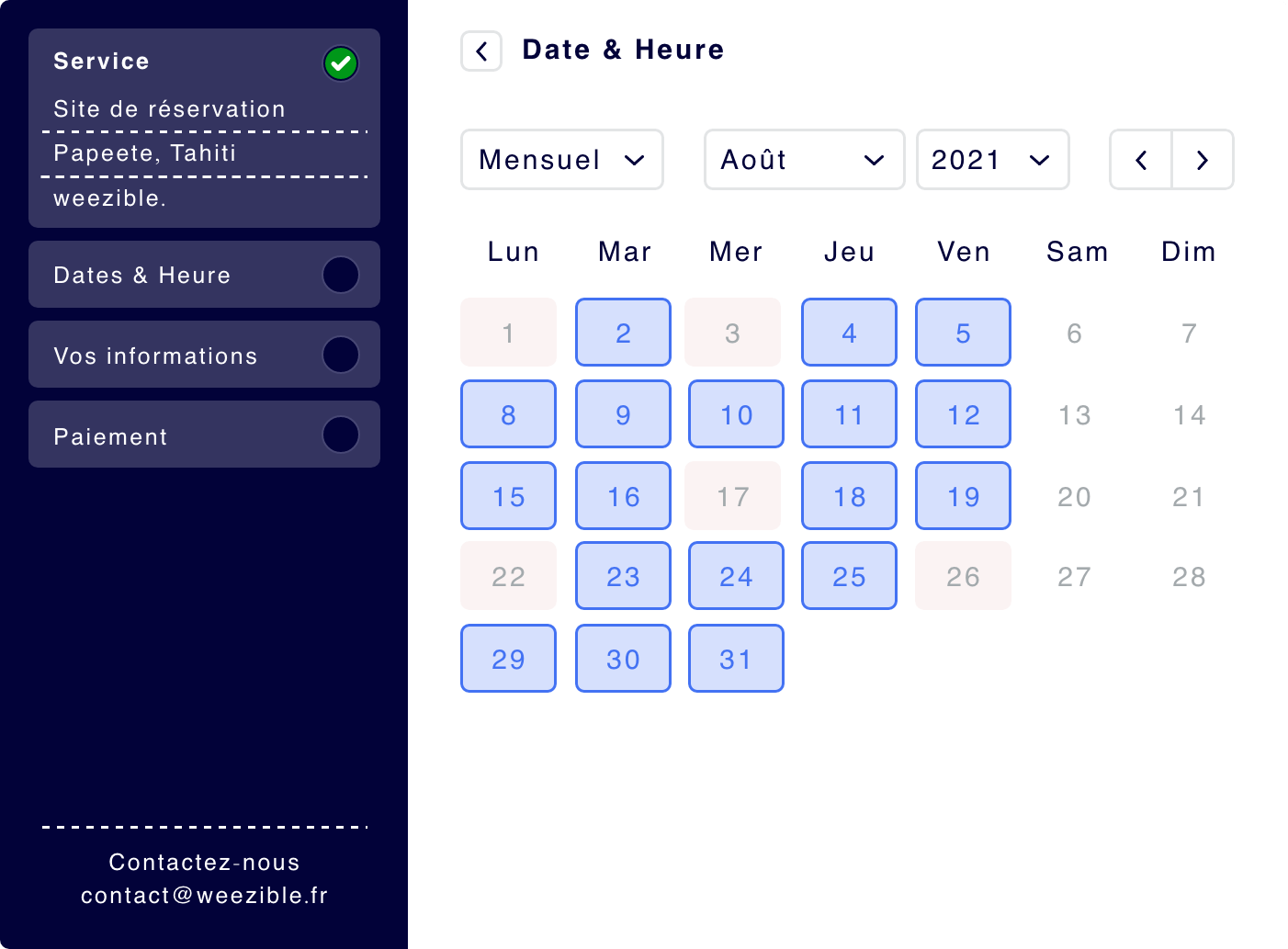 mockup module réservation step by step